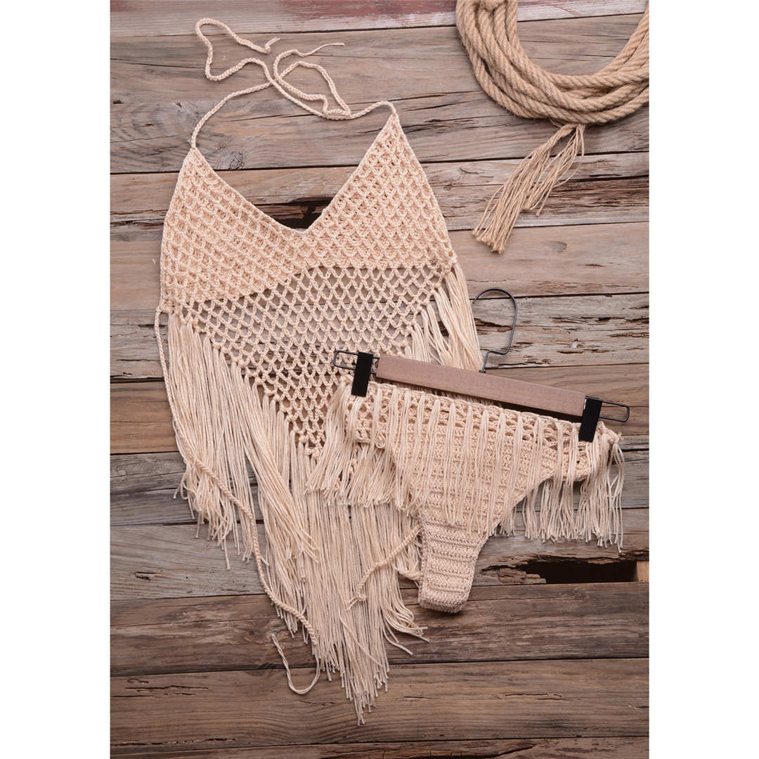 

мода Ажурный крючком плетение трикотажные бикини женские купальники женский купальник из двух частей бикини комплект кисточка купальный костюм S бежевый