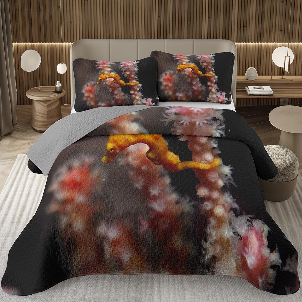 Comforter Seahorse Queen Size 3D Seahorse Printed Bedding Set Ocean Animal Quilted Marine Mediterranean Style Bed