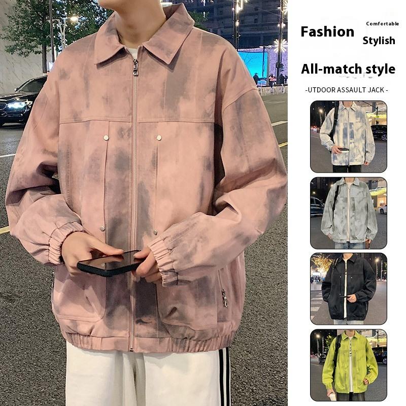 Cozy Up Tie-dye Multi-pocket Lapel Jacket Large Size Loose Casual Men's Thin Coat