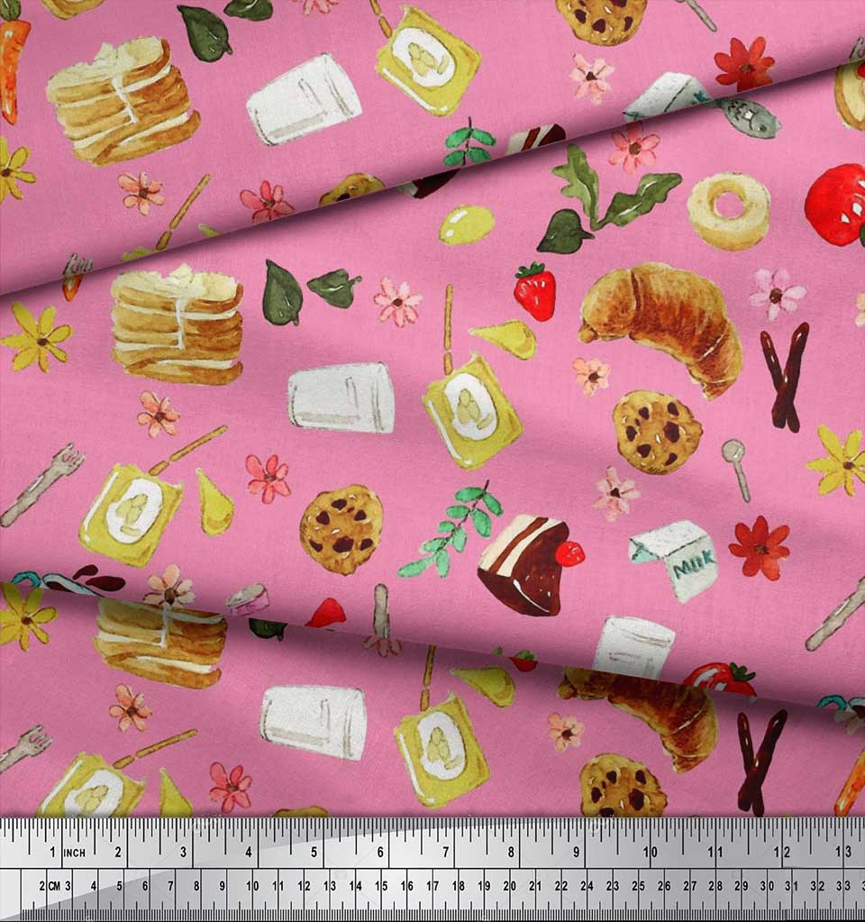 Soimoi Japan Crepe Satin Fabric Fruits,Bread & Donut Food Decor Fabric Printed metre 42 Inch