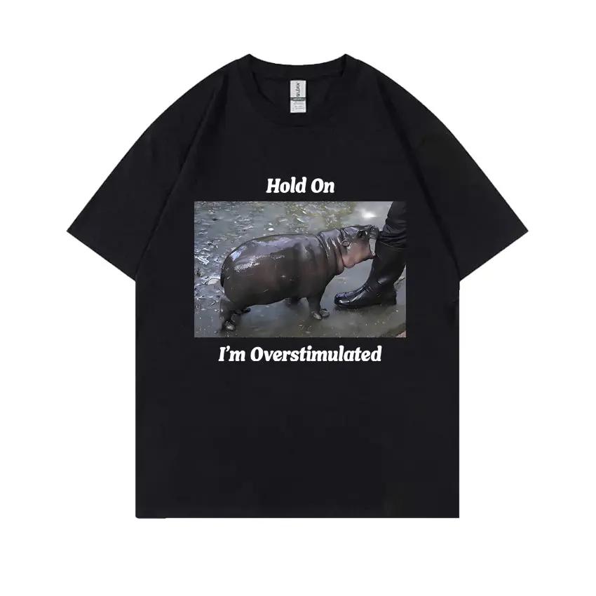 

Hold on Im Overstimulated Baby Hippo Moo Deng Funny Meme Tshirt SummerWomen Casual Oversized Tshirt Male Vintage T Shirts S