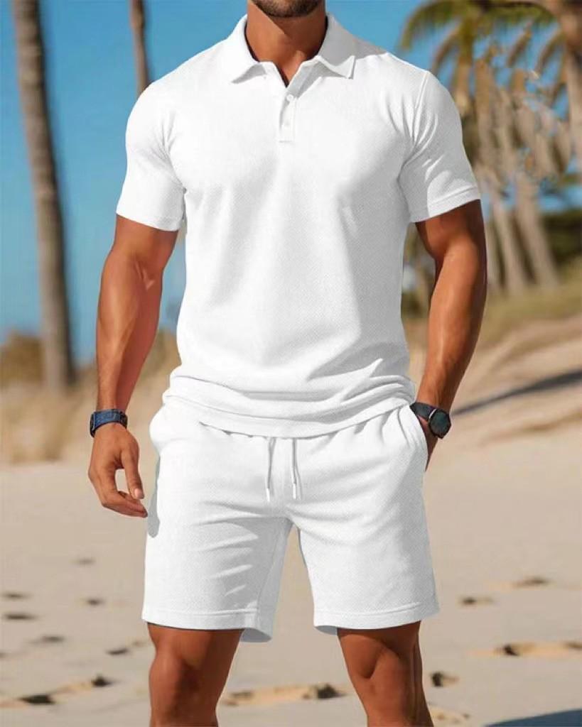

Men s Summer Solid Color Polo Shirt & Shorts Set - Casual Sports Two-Piece, European & American Style, In Stock L белый