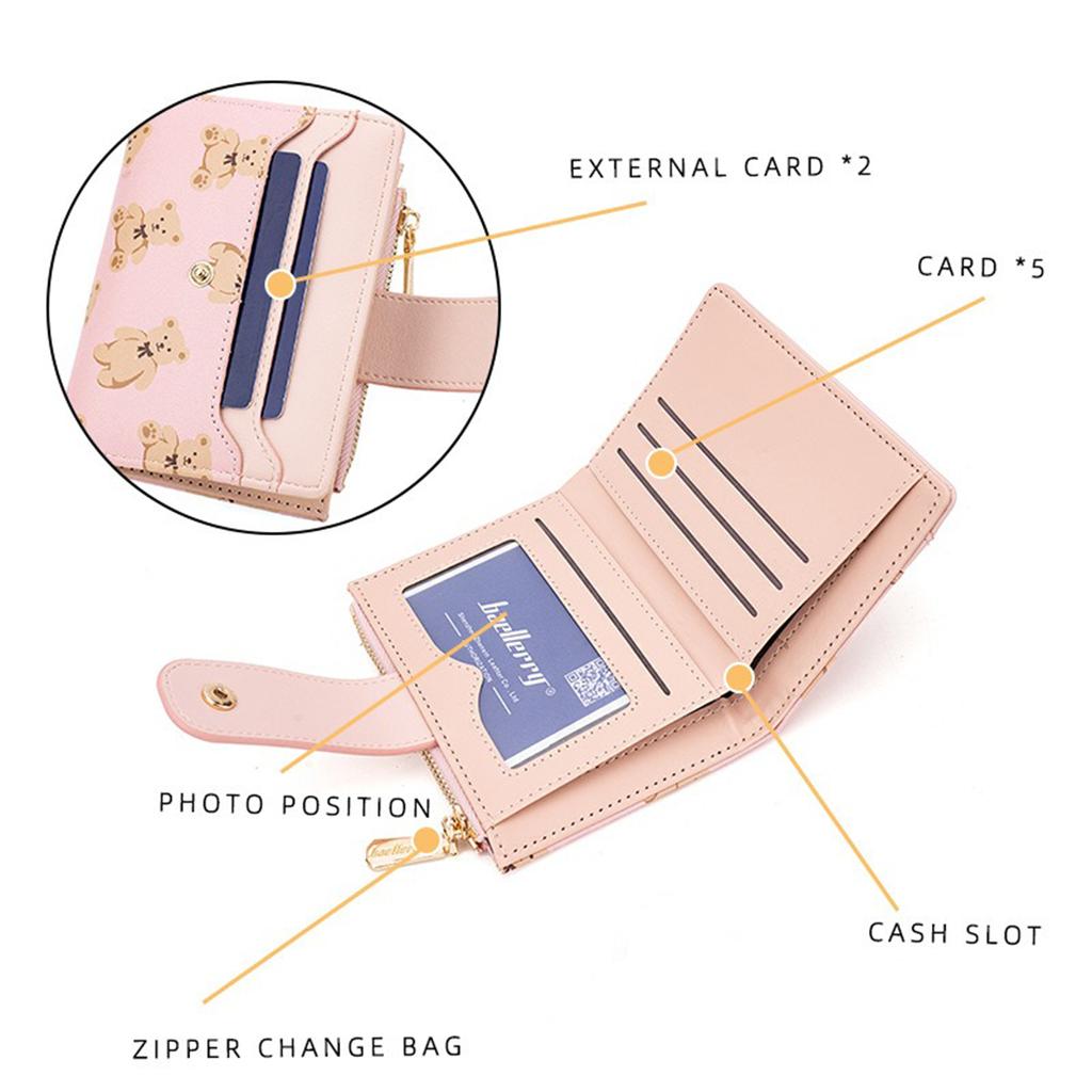 Damen-Geldbörse mit Cartoon-Teddybär-Motiv, großem Münzfach mit Druckknopfverschluss, faltbarer, multifunktionaler Clutch