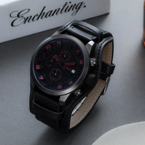 BUREI Men's Analog Quartz Watch, Waterproof, Simple Design, Chronograph, Black Leather Strap, Made In Japan, Battery-Operated, Gift