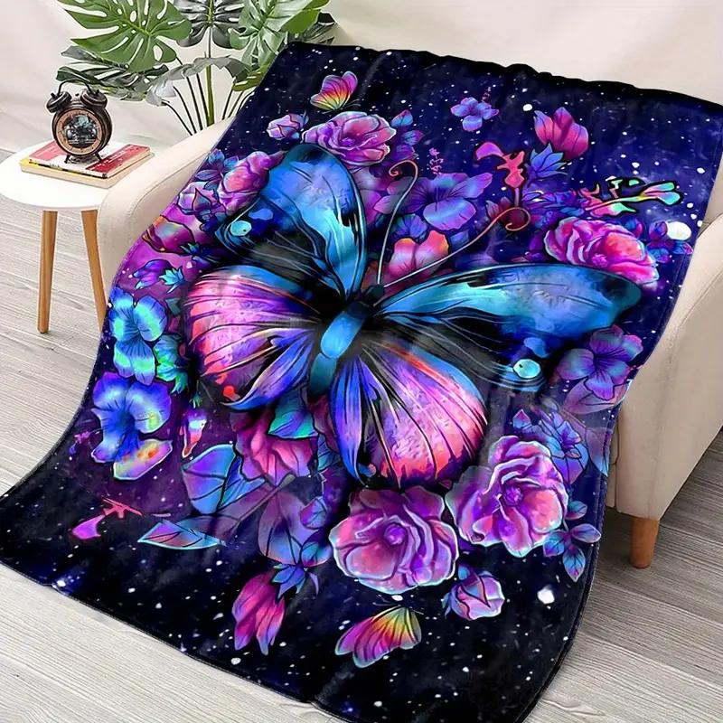 A Colorful Butterfly Print Flannel Blanket Suitable for Bedding, Office, Home, Camping, Warming, Sofa, Bed, Christmas Halloween