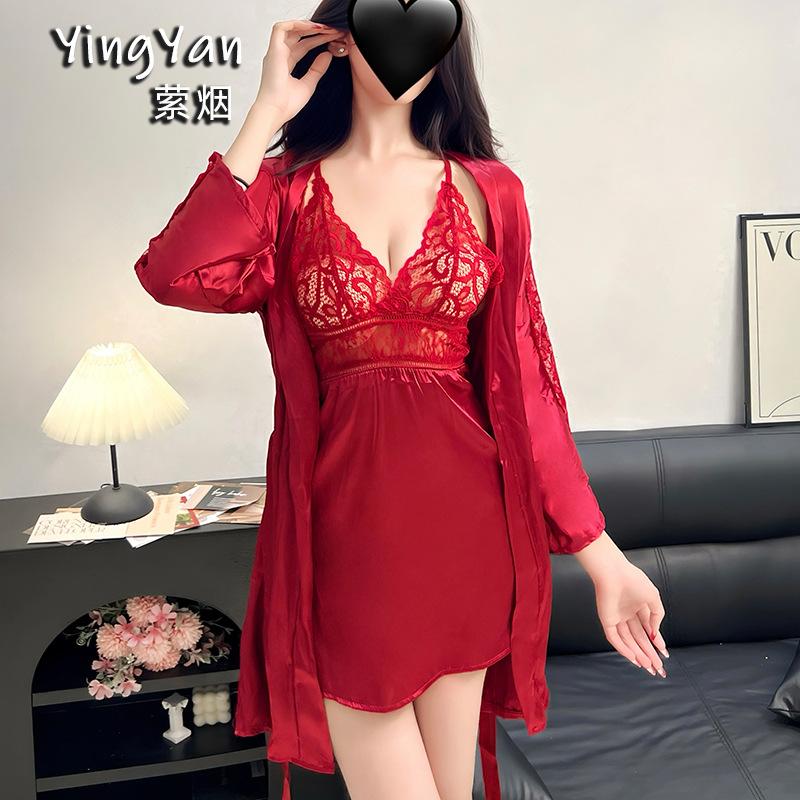 Sex underwear sexy lace women s ice silk French court princess style suspender nightdress two-piece set one size fits all (40-60kg )