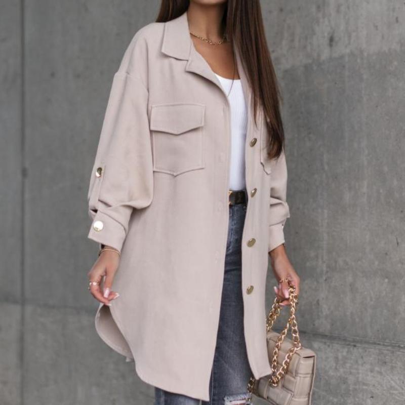 Women's Autumn and Winter Pull Sleeve Button Decoration Mid-Length Shirt Jacket