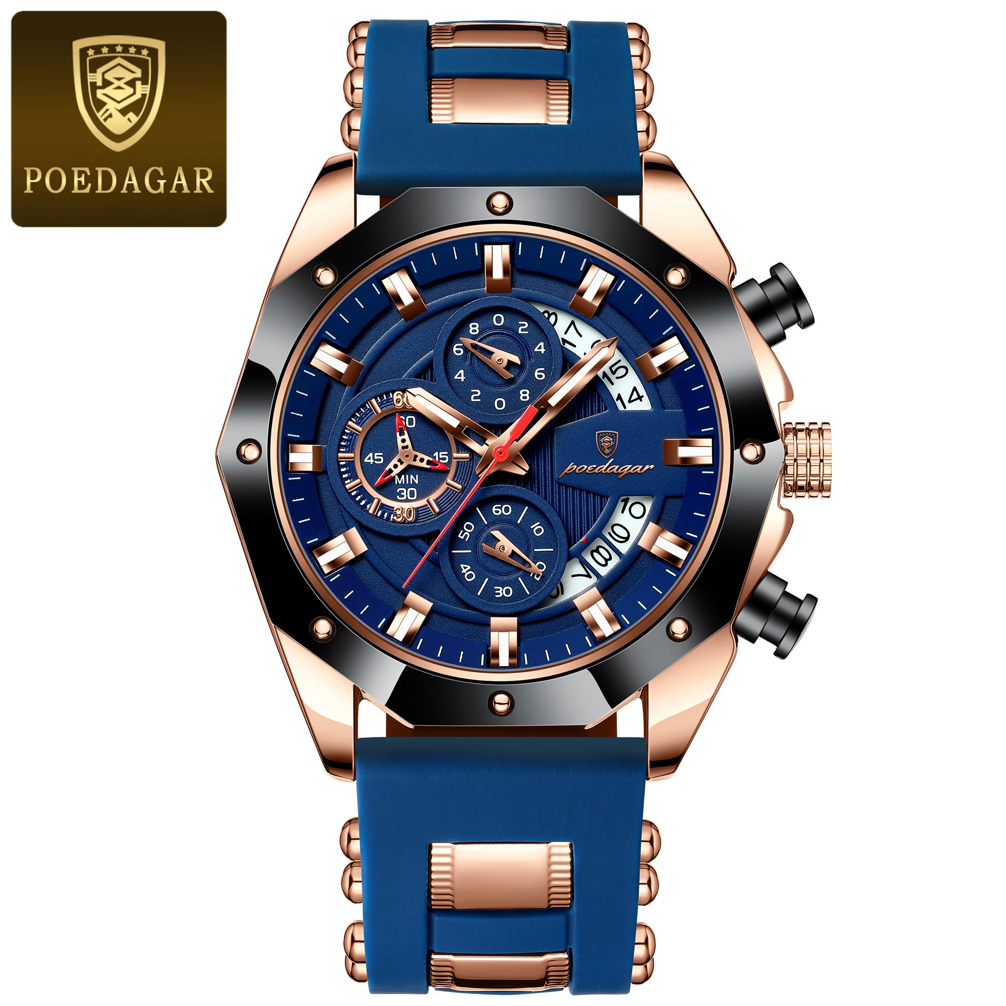 

POEDAGAR Luxury Military Men Watch Waterproof Luminous Date Sport Wristwatch Chronograph Silicone Strap Quartz Watches