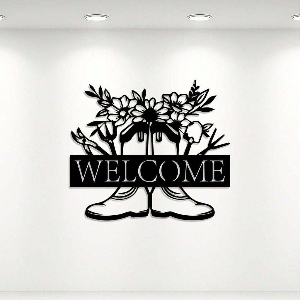 Vintage Metal Wall Art Floral Welcome Sign Durable Iron Garden Decor for Patio Yard Indoors Outdoors Easy Mount Gift