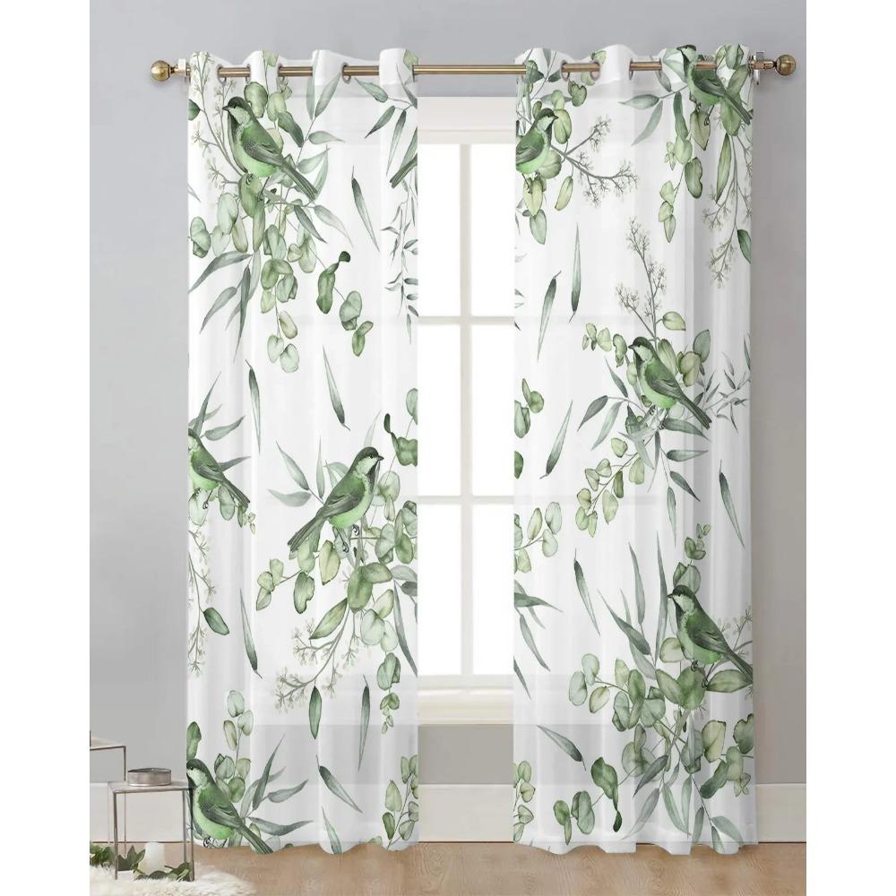Summer Green Leaves Bird Watercolor Sheer Curtains for Living Room Decoration Window Curtain Kitchen Tulle Voile Organza Drapes