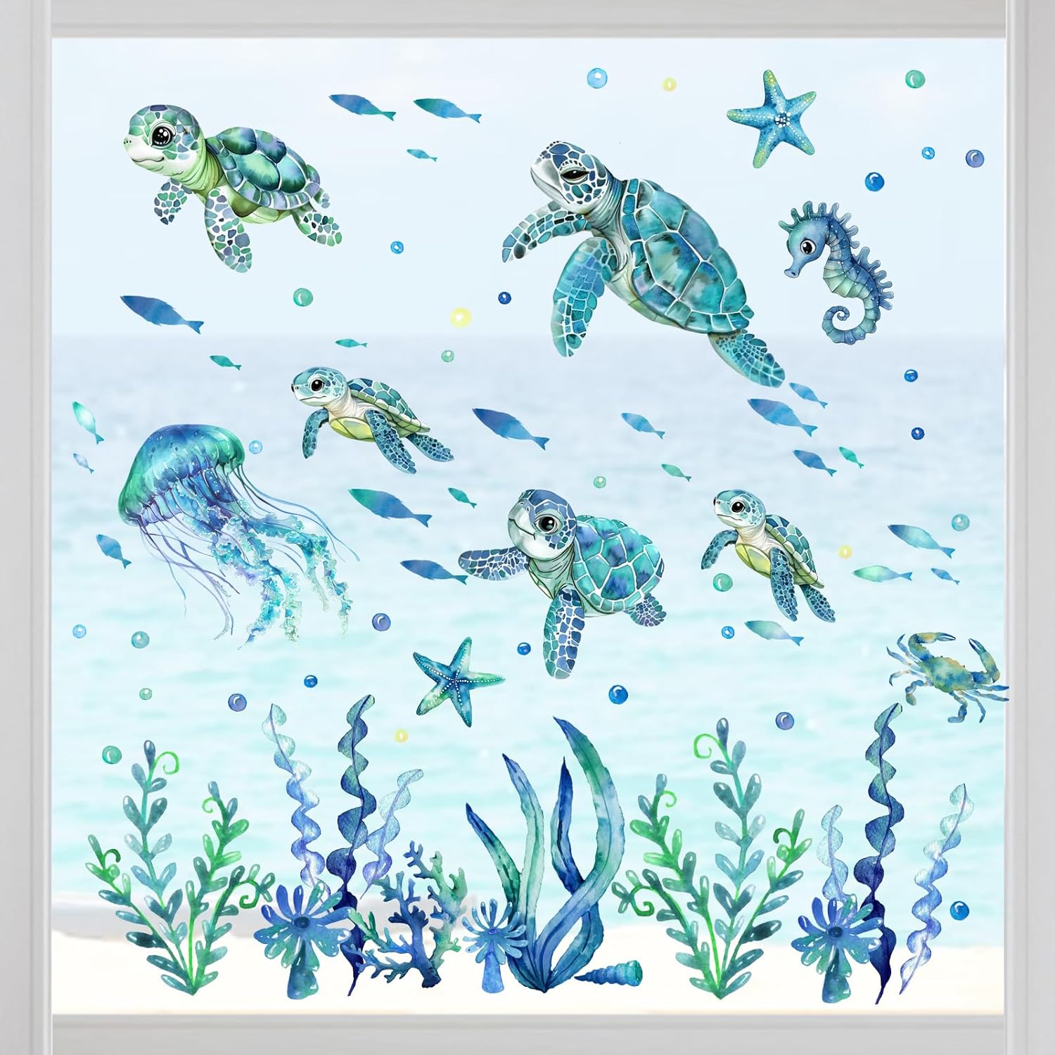 Yovkky Spring Summer Under The Sea Window Clings 4 Sheets, Ocean Life Turtle Jellyfish Seahorse Seaweed Stickers Decals Decor, Beach Coastal Starfish