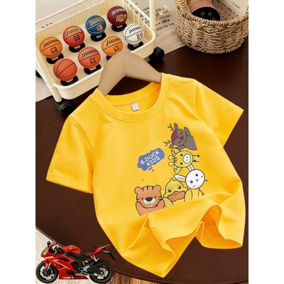 Kids Crewneck Short Sleeve T-Shirt, Cute Cartoon Placement Print