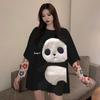 Camiseta Feminina de Verão Bordado de Animal Decoração de Panda Solta Comprimento Médio Gola Redonda Uso Diário Manga Curta Cor Contrastante Top de Verão Feminino Vestuário