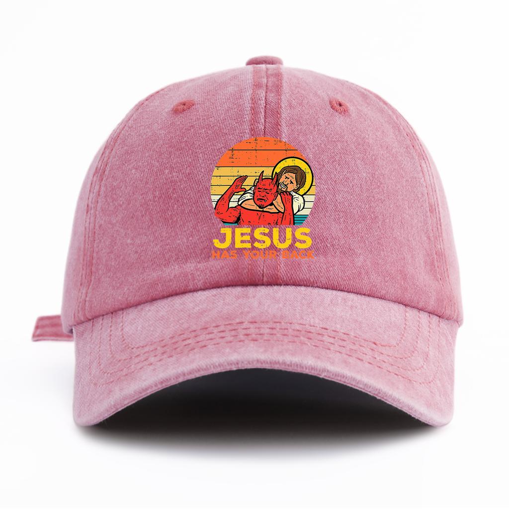 1 Stück JESUS HAT DICH IM RÜCKEN Aufdruck Gewaschene Baseballkappe für ErwachseneMinimalistischer Retro-Stil Lässig Weich Verstellbar Papa-HutPerfekt Als Geschenk