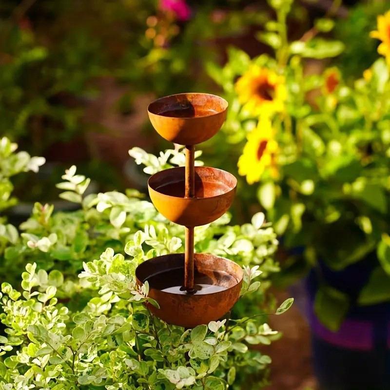 Plant Support Metal Garden Ornament,Garden Stake With 3-Tiered Water Bowls, Bee Bird Water Feeder Bath, Outdoor Yard Patio Decor