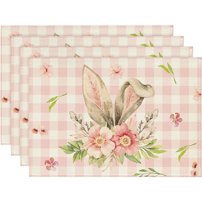 Easter Bunny Placemats Watercolor Floral Table Decor Non-Slip Heat Resistant Dinner Mat Spring Holiday Home Decor Tableware Pad