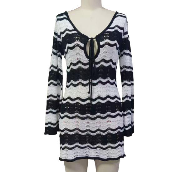 Women's Swimwear Cover-Up Striped Crochet Hollow Out Mesh Beach Dress V-Neck Tie Front Long Sleeve Summer Bathing Suit for Beach Vacation