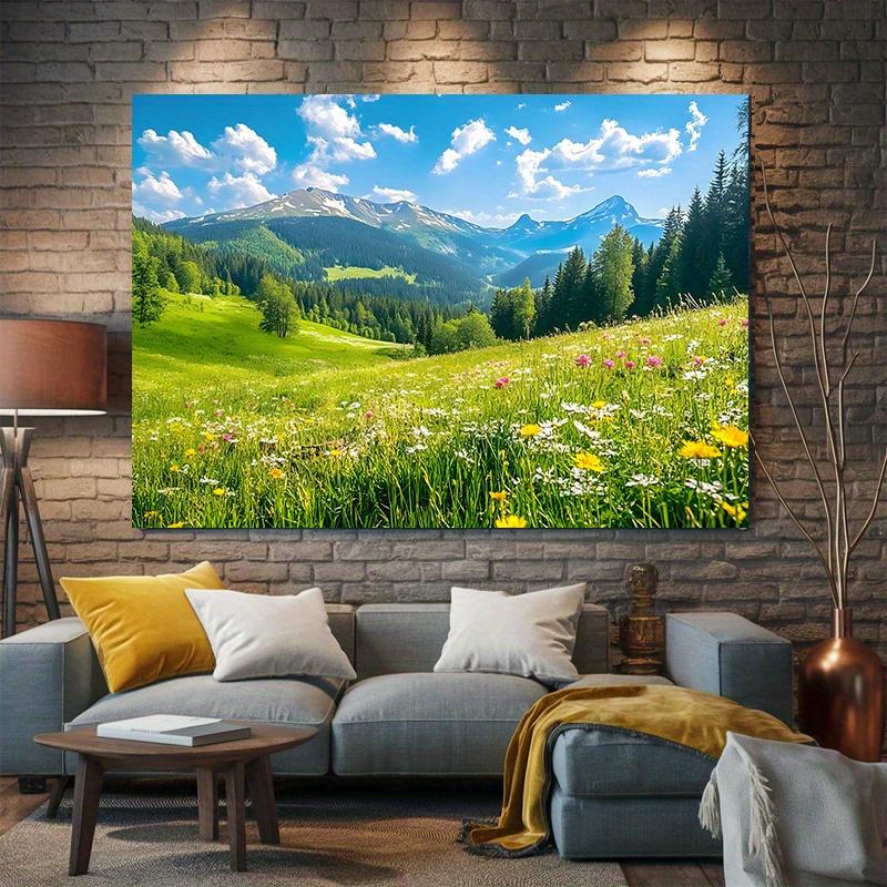 1pc Party Banner - Landscape Green Grassland, Pine Trees, and Forest Background, Vibrant Wildflowers Summer Party Decoration
