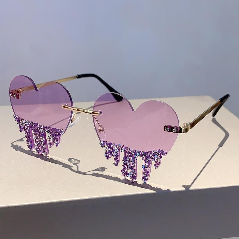 1/2 Pairs Heart Shaped Sunglasses with Rhinestones Women Fashion Rimless Rave Shades Trendy Original Design Sun Glasses