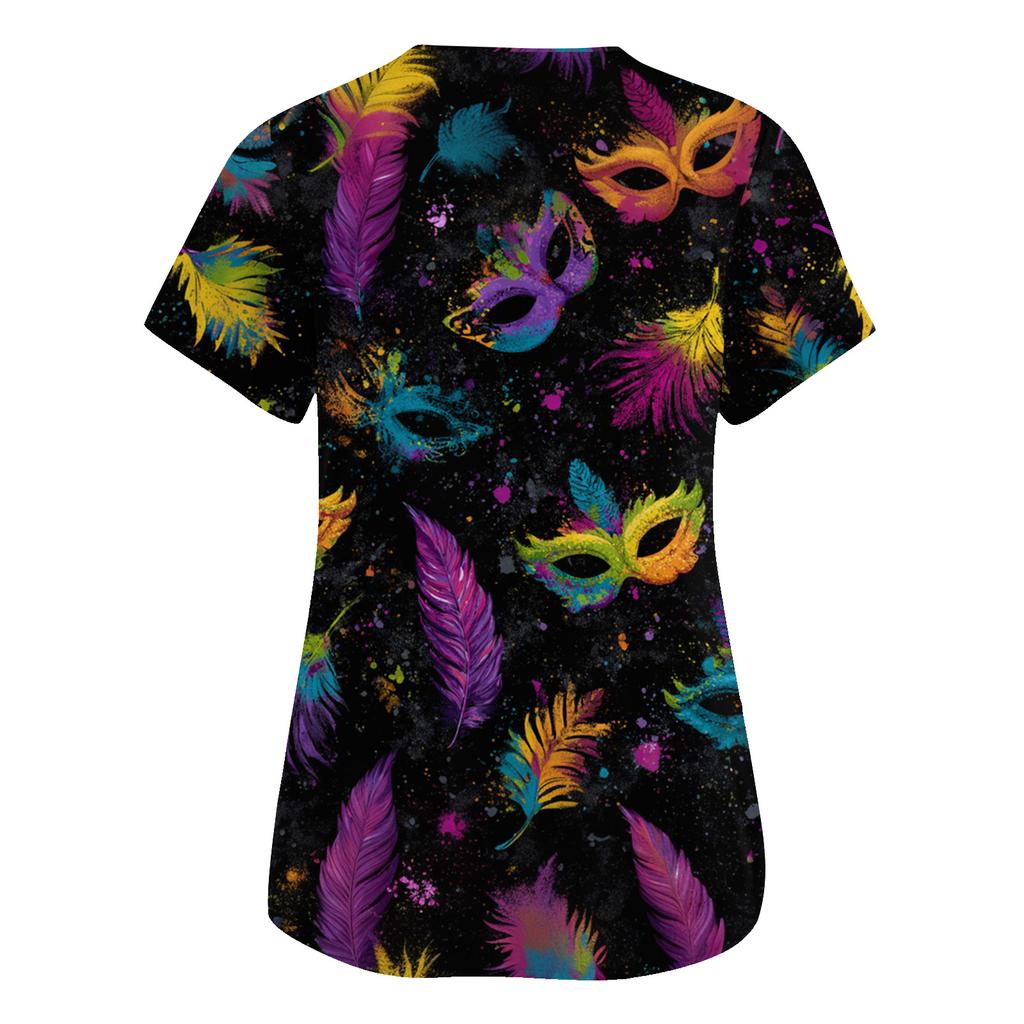 Dammode V-ringad Kortärmad Overall Med Fickor Tryckta Toppar Kläder