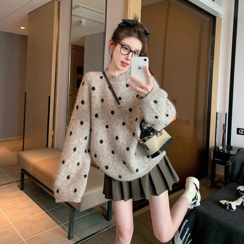 

Хаки Пуловер в горошек для женщин Новый осенне-зимний Утолщенный Свободный Повседневный Ленивый стиль Свитер onesize хаки