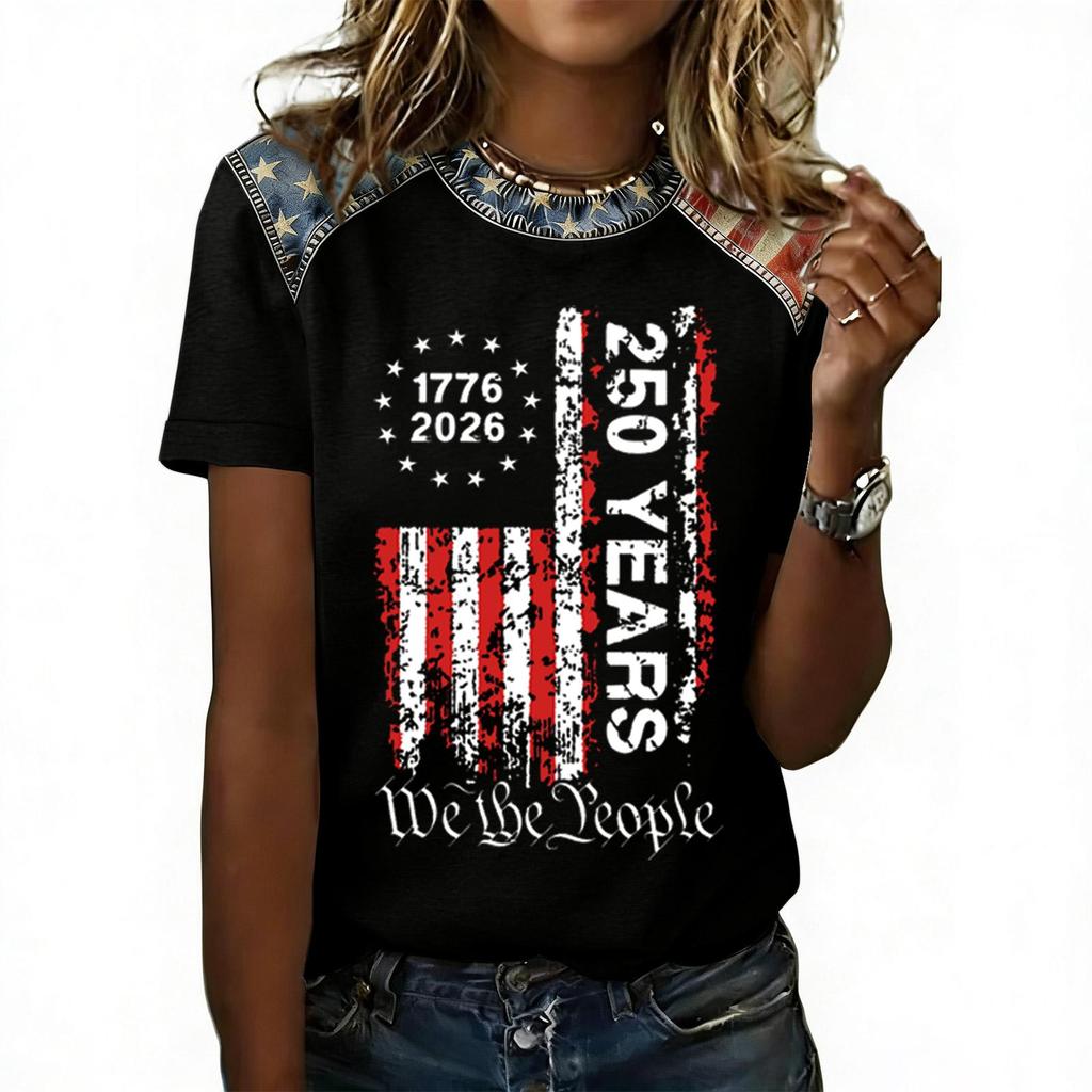 Women's Casual Short Sleeve T Shirt 250 Years Printed Graphic Tee 1776 2026 Patriotic Lettering Top Crew Neck Relaxed Fit