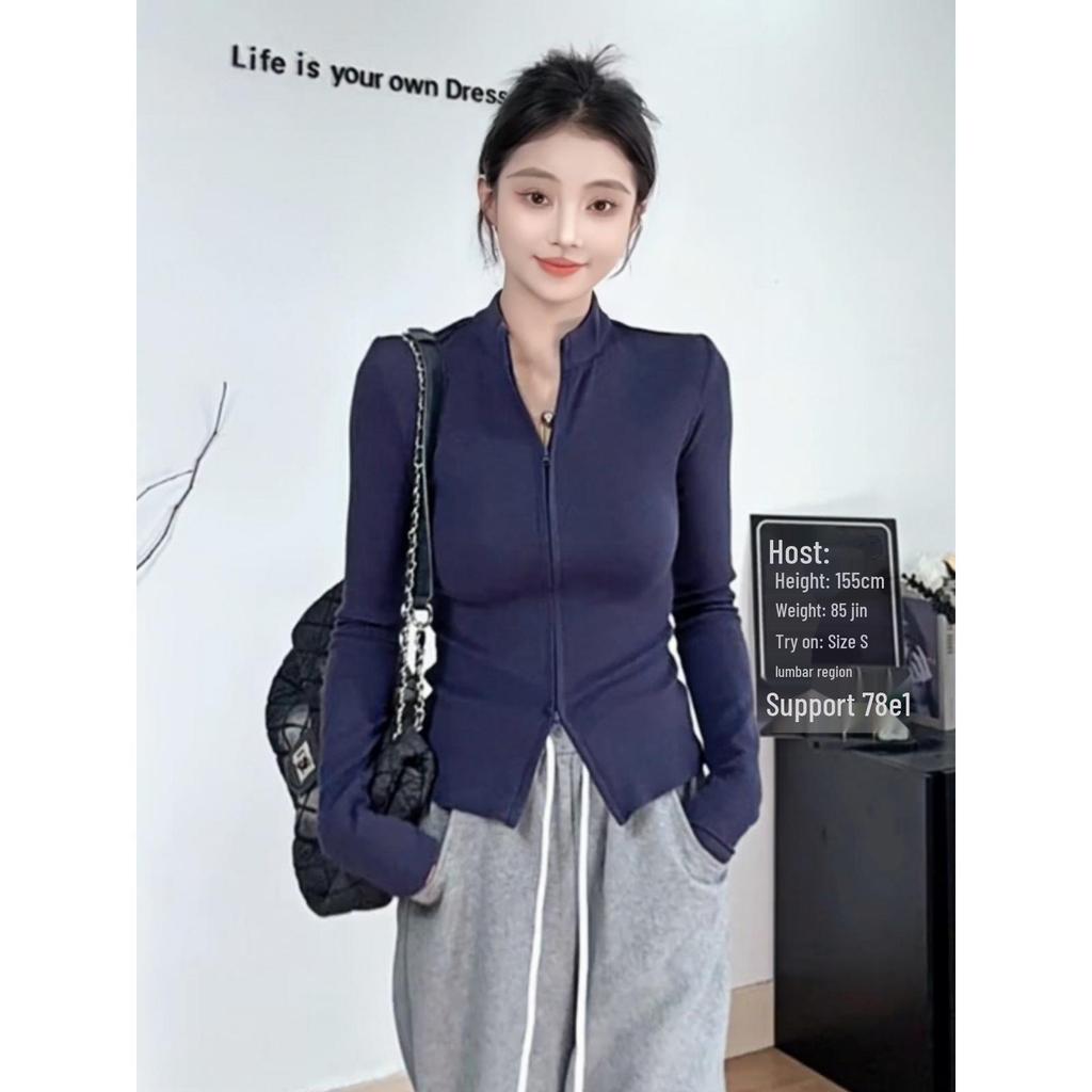 Hong Kong Style Double Zipper Stand-Up Collar Short Jacket: Women's Slim Fit Sweet & Spicy Long Sleeve Base Shirt