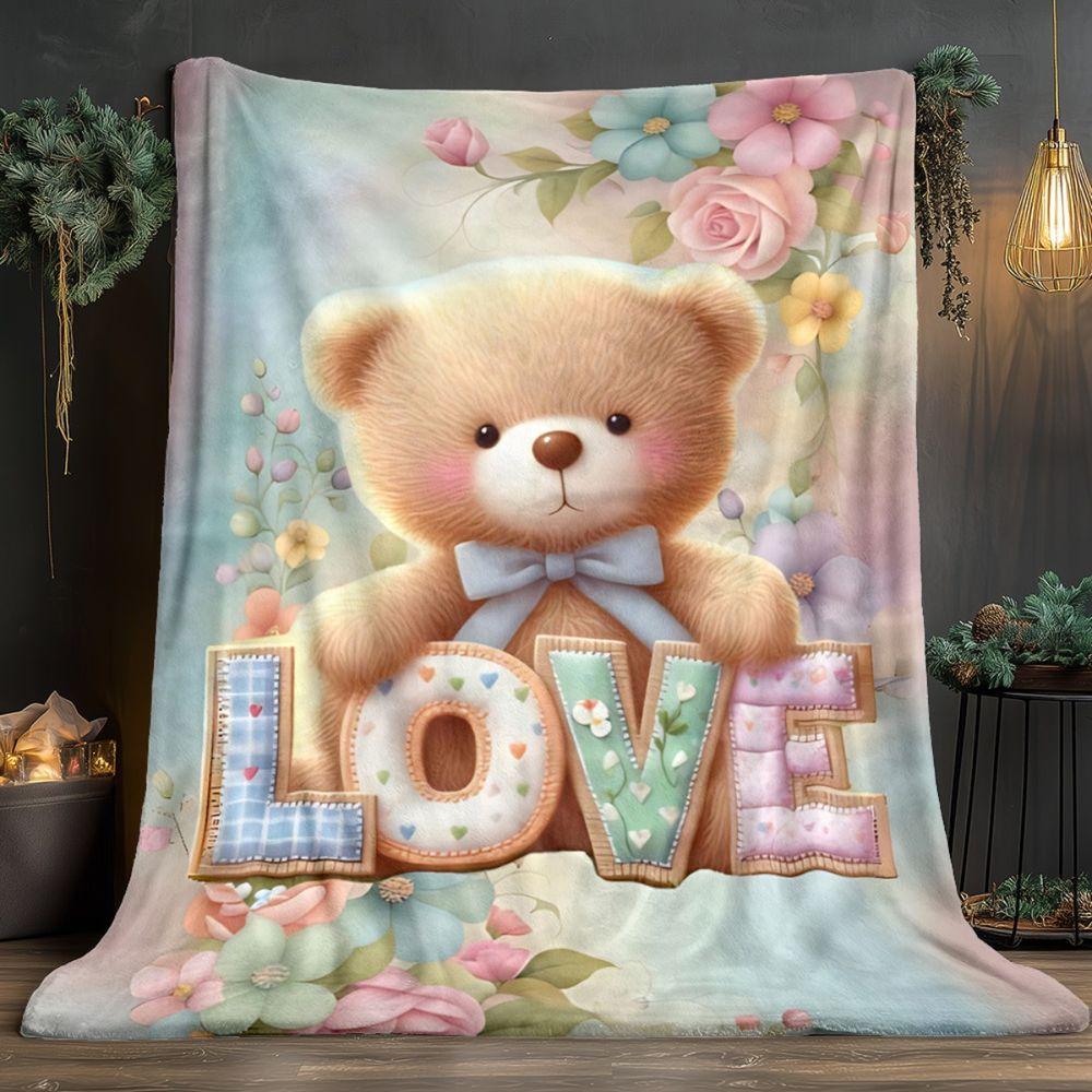 Cute Teddy Bear Love Letter Flannel Throw Blanket Pastel Floral Print Warm Cozy Kids Sofa Bed Blanket