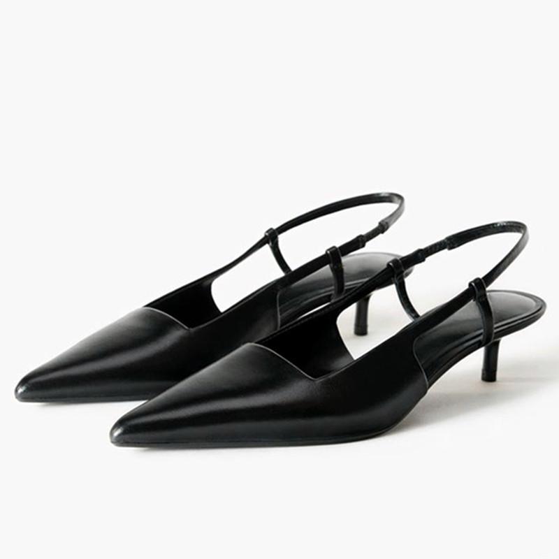 Fashion Black Soft Leather Ankle Strap Mid Heel 5cm Women Pumps Sexy Pointed Toe Heels for Ladies Elegant Party Office Designer Shoes