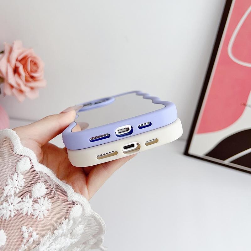 Luxury Mirror Phone Case For iPhone 15 Plus 14 13 Pro Max 12 Pro 11 Curly Wave Frame Shockproof Lens Protection Soft Cover