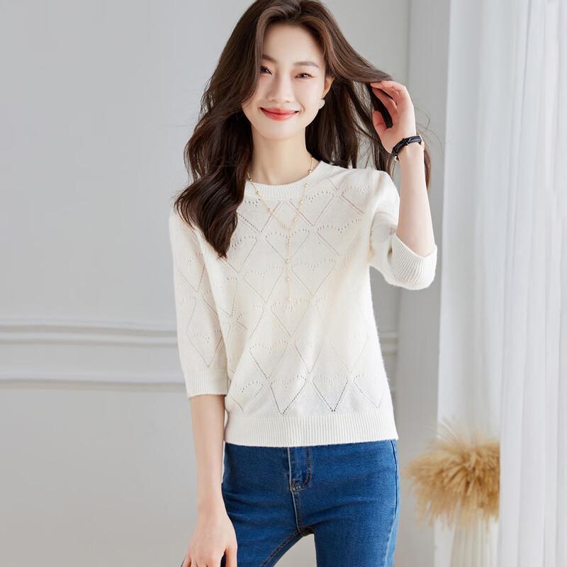 Srcr Women's Thin Pure Wool Hollow-out Diamond Knit Top