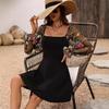 YYFS Women's Fashion Spring Fall Flower Pattern Print Long Sleeve Square Collar High Waist Casual Dresses