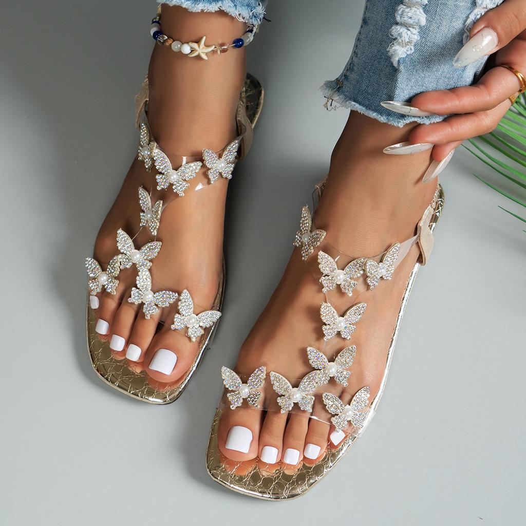 Butterfly-decorated Fairy-style Flat Sandals, Ladies' Fashionable Square-toe Versatile Sandals