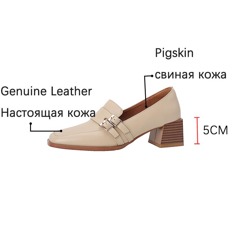 Fashion 2025 New Genuine Leather Women Shoes Fashion Square Toe Slip-On Shallow Pumps  Thick Heel Spring Shoes Women Zapatos De Mujer
