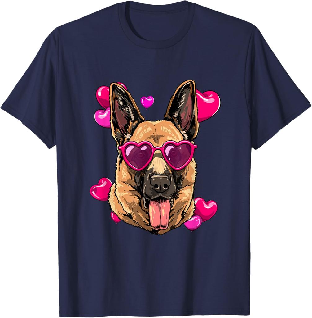 German Shepherd Valentine Heart Glasses Dog Lover Graphic Tee Soft Breathable Short Sleeve T-Shirt