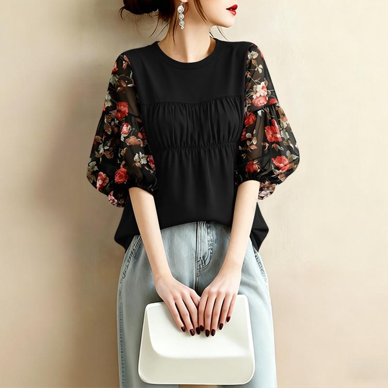 ZANZEA Women Casual Round Neck Loose Floral Print Splice 3/4 Sleeve Blouse S чёрный