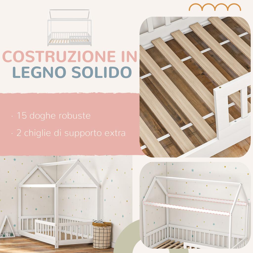 House-Shaped Kids Bed Frame with Guard Rails, Solid Pine Wood Single Bed Frame for Kids Boys and Girls