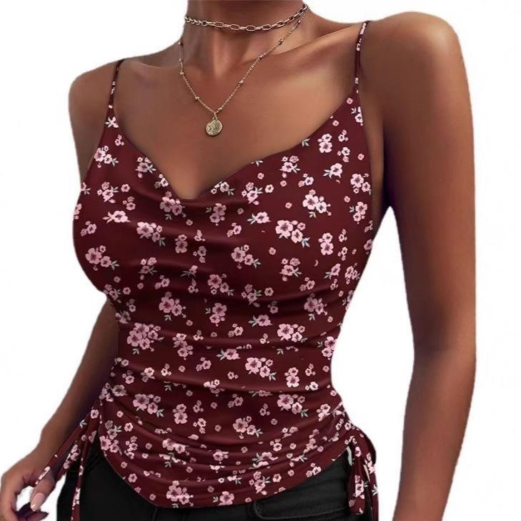 New summer models, printed deep V-neck suspenders for women, tight drawstring casual small vest for women