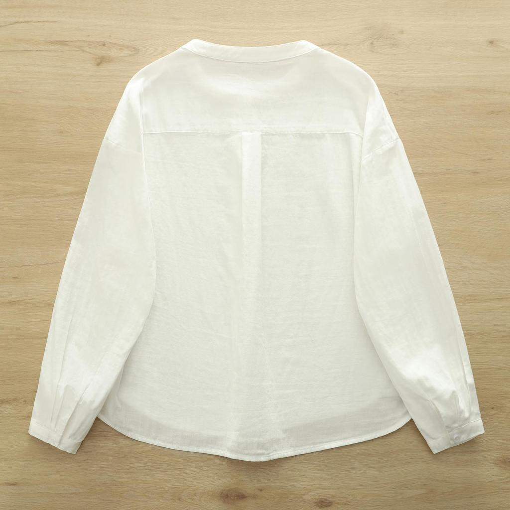 Women's Stand Collar Long Sleeve Cotton Gauze Shirt - Solid Color, Breathable, Slimming, 2026 Spring/Autumn Collection