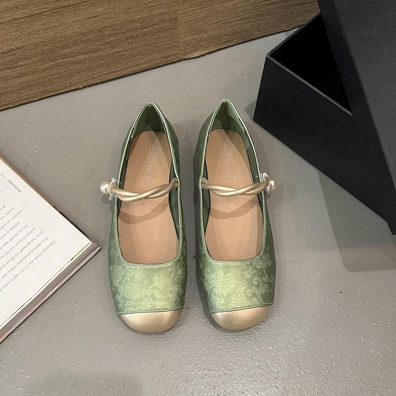 

Женская обувь с юбкой вокруг головы, туфли Мэри Джейн с неглубоким вырезом и темпераментом, ретро-принтом, толстым каблуком, одинарные туфли с жемчугом 40 зелёный