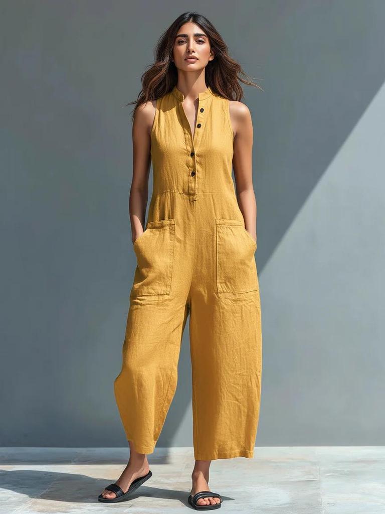 In-Stock Women's European & American Style Sleeveless Stand Collar Button Jumpsuit - Vacation Ready