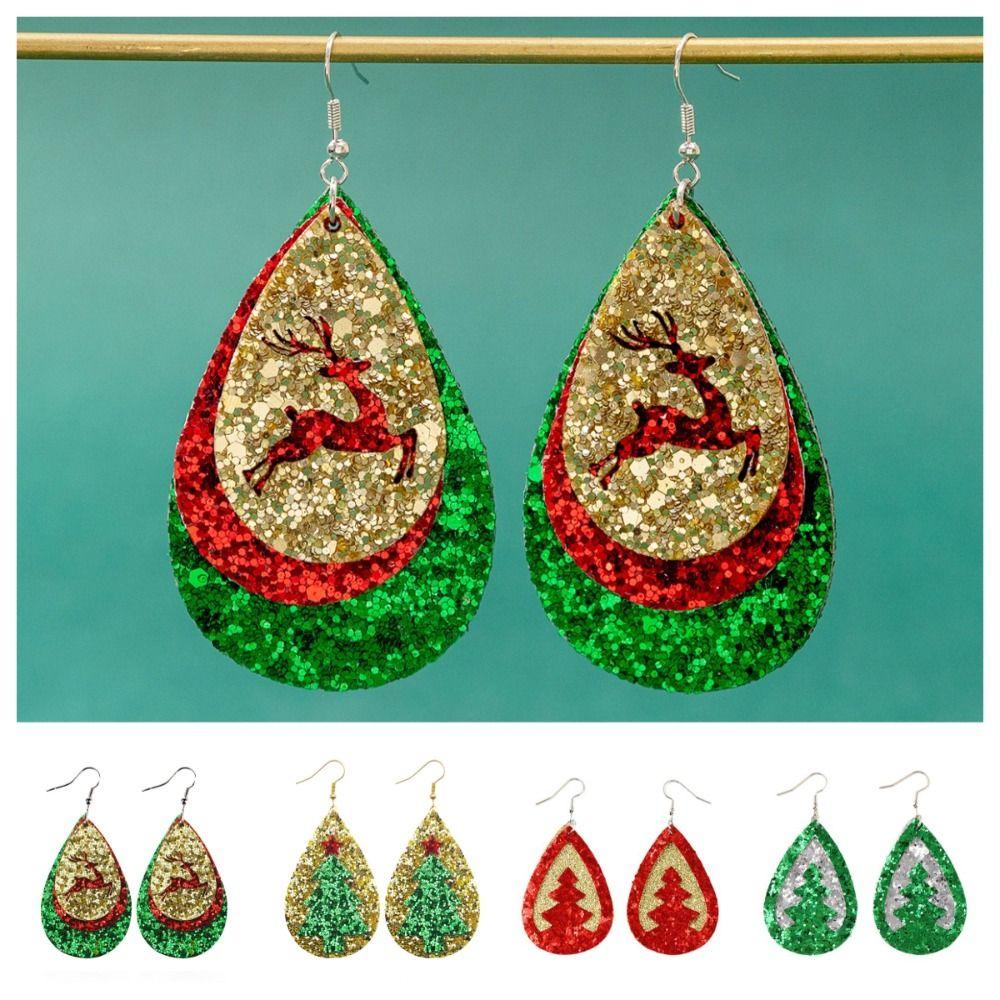 

Glitter Christmas Earrings Leather Christmas Tree Ear Studs Trendy Shiny Christmas Pendant Xmas
