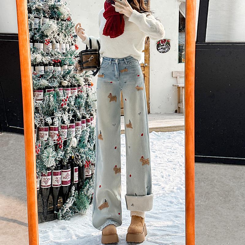 Dámské trendy sametové džíny s vysokým pasem a výšivkou s širokými nohavicemi na zimu 2025