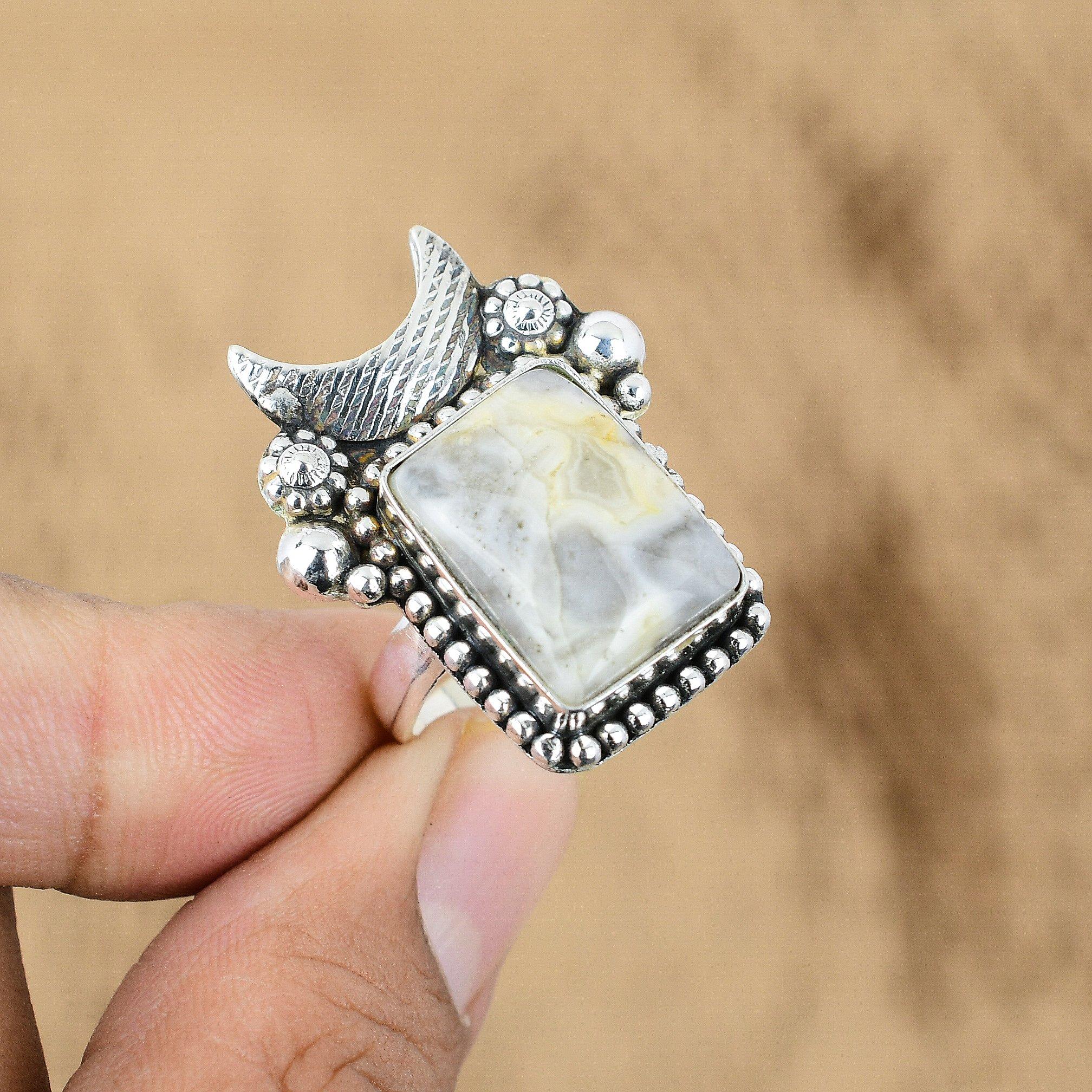 

Natural Ocean Jasper Multi Stone Cresent Moon Adjustable Ring 925 Silver Yes