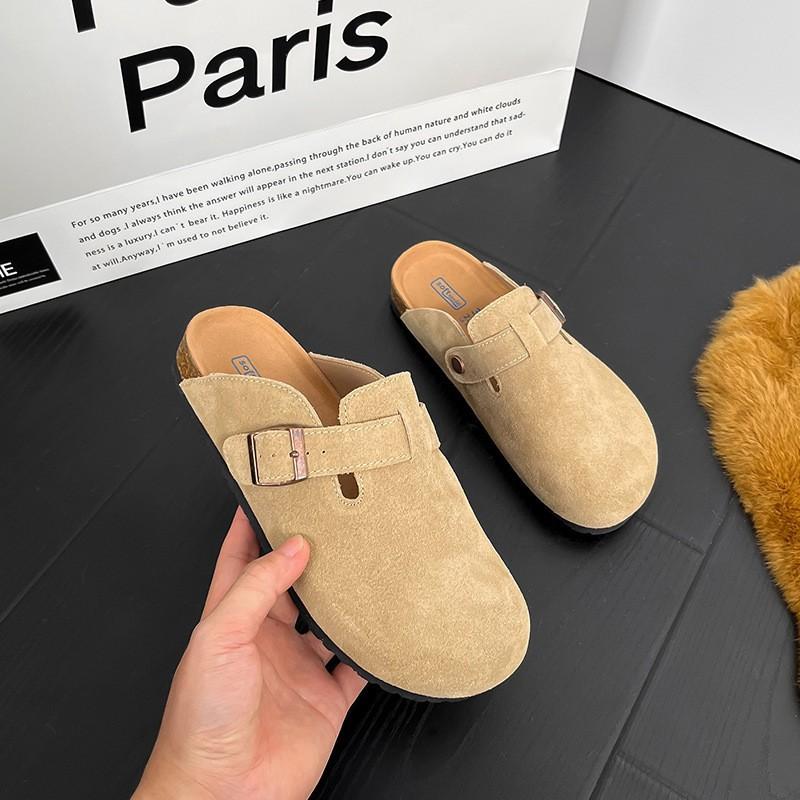 Premium cowhide version~ Baotou leather buckle with casual platform shoes slippers women's half drag