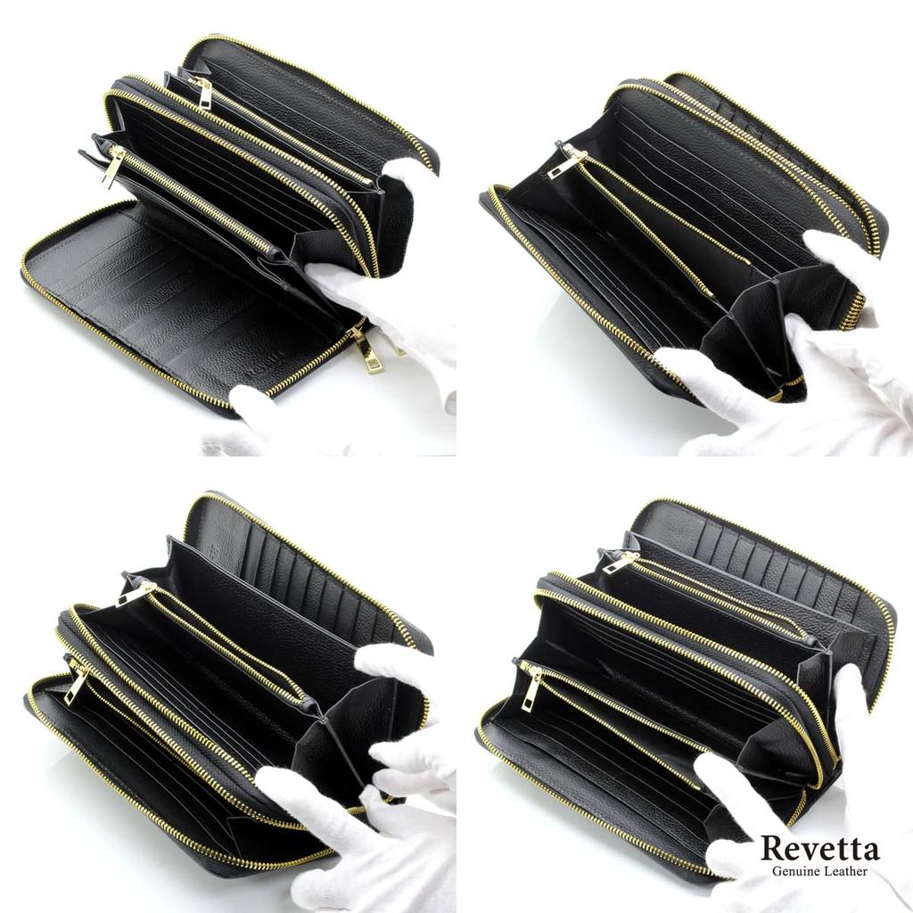 [Revetta] Stingray Leather Long Wallet, Large Capacity, Galuchat, Black, 40 Card Slots, Double Zipper Closure, Handle, Gold, Black, Men's, Genuine