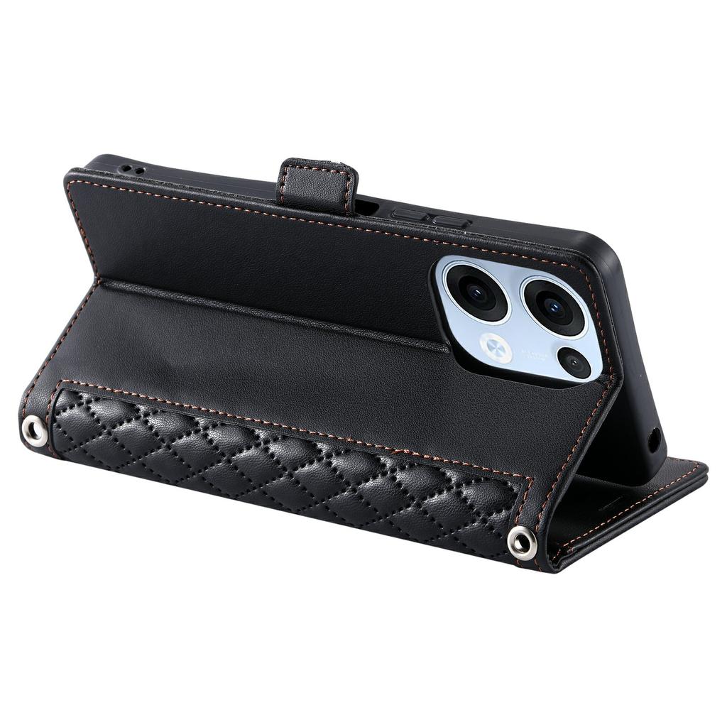 For Oppo Reno13 5G (Global) Leather Case Rhombus Texture Wallet Stand Phone Cover with Wrist Strap