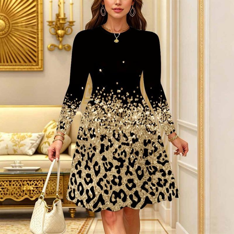 Women's Bohemian Casual Midi Dress Print Round Neck Long Sleeve A Line Loose Swing Dresses