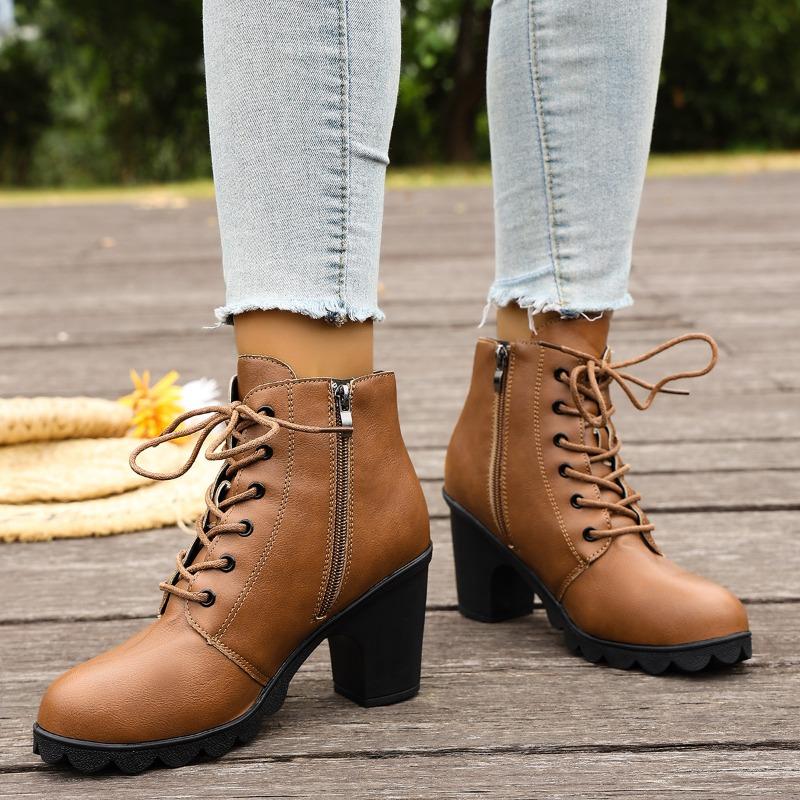 2025 New Fashion Short-thigh Boots Autumn New Round Toe Lace-up Side Zipper Platform Anti-slip Wear-resistant High Heels