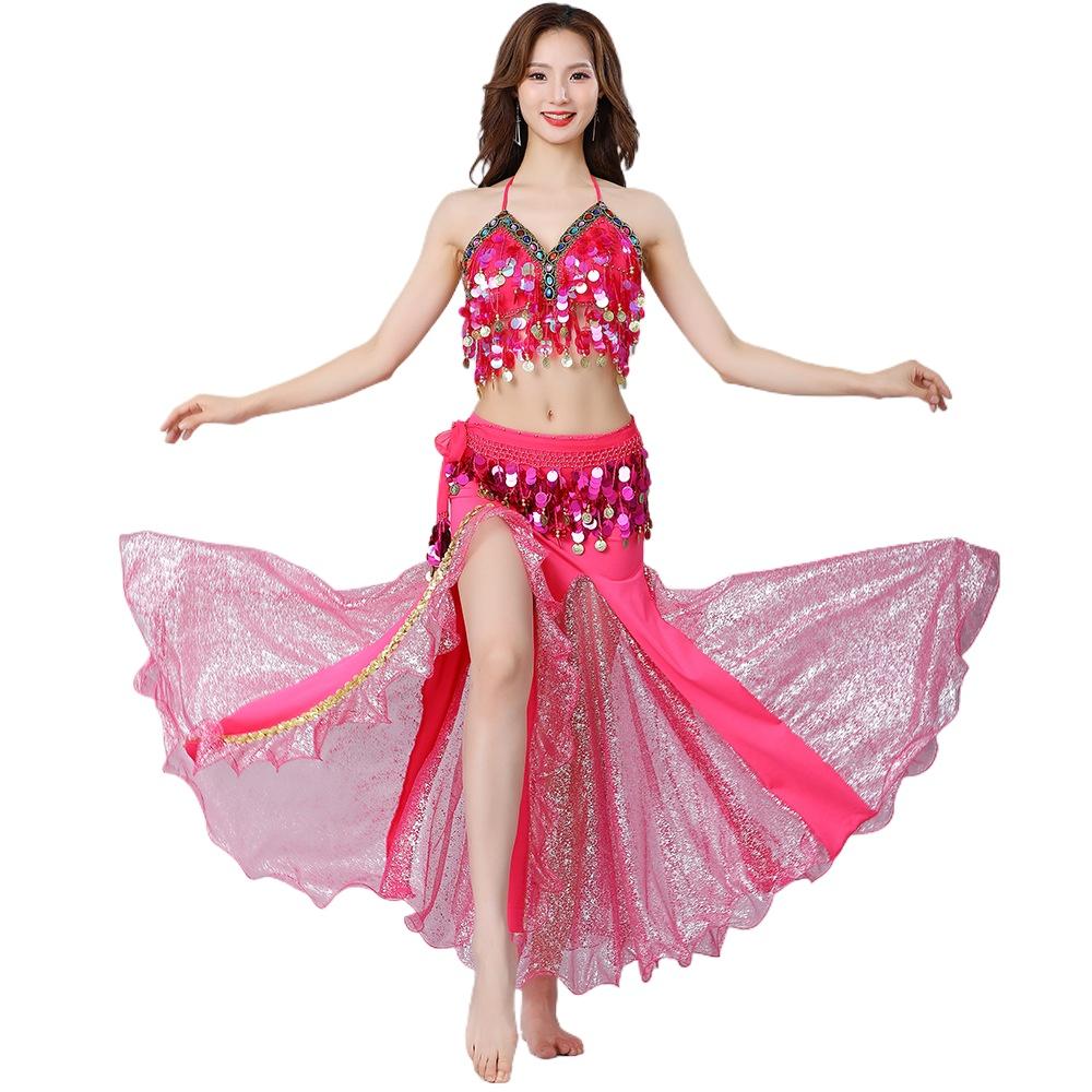Bauchtanz Set für Damen Bühnenoutfit Sexy Quasten BH Pailletten-Hüftkette Chiffonrock 3-teilig Bauchtanz Performance Kostüm